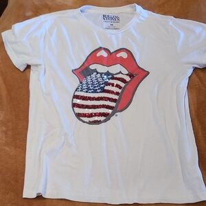 Lucky Brand White Graphic Tee with Red and Blue Sequin Design